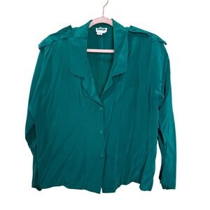 Vintage Teal Green 90s Collared Blouse Retro Funk Shoulder Detail Office Silk 16